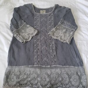 Johnny Was Boho Embroidered Lace Tunic Top, Grey, Size XS